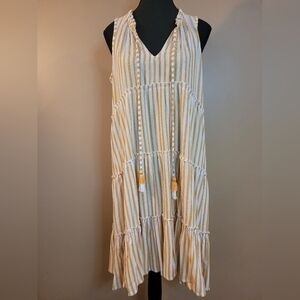BLUE ISLAND Yellow and White Dress, Tassle Ties, Tiered Small Ruffle, Size Small
